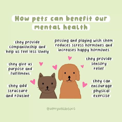 📷 @worrywellbeing Here is an excellent list of mental health benefits of having a pet. Do you have a pet? We would love to see it, so mention it (or tag it) in the comments below and let us know how they help your wellbeing. Let's celebrate our pet friends today. Image description: In the centre of an illustration with a light green background is an illustration of a dark brown cat and a light brown dog with a few pink hearts around them. On the top of the illustration and around them is a gree Dark Brown Cat, Ocd In Children, Ocd Therapy, Mental Health Month, Light Green Background, Happy Hormones, Therapy Counseling, Cat Help, Brown Cat