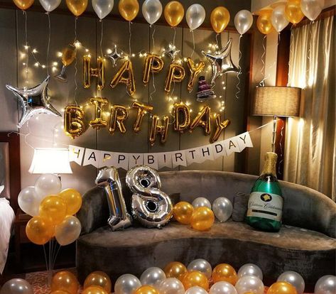 Birthday party decorations. Built In Pantry Cabinet Wall, Surprise Birthday Decorations, Birthday Room, Happy Birthday Foil Balloons, Birthday Decorations At Home, Bakery Interior, Decoration Birthday Party, Birthday Room Decorations, Birthday Party At Home