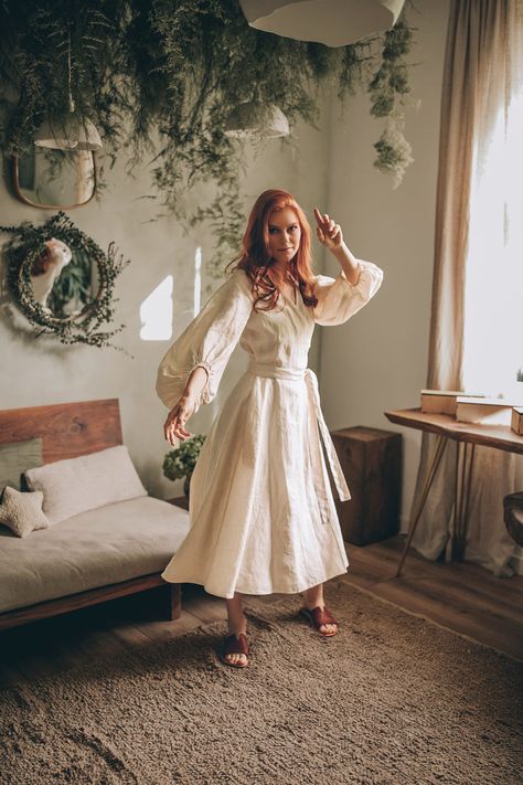 Linen Puff Sleeve Dress, Wedding Dress Rustic, Bishop Sleeve Dress, Linen Wedding Dress, Linen Wedding, Linen Wrap Dress, Midi Wrap Dress, Linen Midi Dress, Dress Wrap