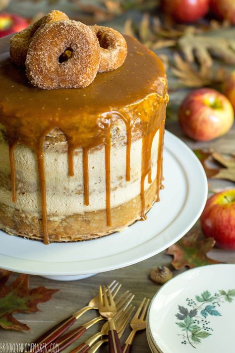 Apple Cider Doughnut Cake, Mascarpone Icing, Cider Caramel, Apple Cider Doughnut, Cider Cake, Cake With Mascarpone, Thanksgiving Cakes, Apple Cider Caramels, Doughnut Cake