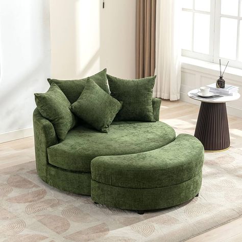 Amazon.com: DEINPPA Comfy Swivel Barrel Chair with Ottoman, Chenille Fabric Swivel Accent Chair, Tufted Upholstered Oversized Chair for Living Room Bedroom Office-Beige : Home & Kitchen Chair With Storage, 4 Pillows, Storage Chair, Round Chair, Swivel Barrel Chair, Leisure Chair, Green Chair, Fabric Seat, Barrel Chair