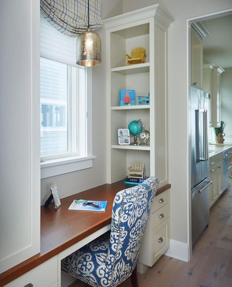 Built In Desk Beside Fireplace, Kitchen Desk Ideas Built Ins, Built In Desk Under Window, Basement Bookcase, Built In Double Desk, House Mudroom, Corner Built In, Craft Nook, Window Desk