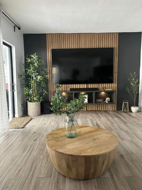 Lounge With Wood Panelling, Wooden Slat Wall Interiors Living Room, Living Room Slats, Wood Planked Walls, Wood Slat Tv Wall Design, Timber Slat Tv Wall, Wooden Slat Living Room, Long Narrow Living Room Accent Wall, Wood On Walls Ideas Living Room