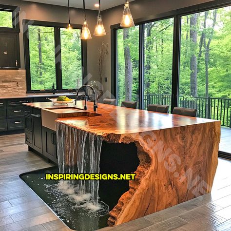 Waterfall Counter, Waterfall Island Kitchen, Waterfall Kitchen, Waterfall Countertop, Mini Pond, Tranquil Spa, Waterfall Island, Glass Aquarium, Small Kitchen Island