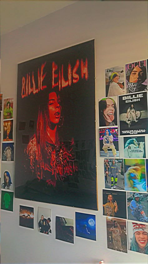 aesthetic wall, blohsh, billie eilish Room Decor Billie Eilish, Billie Poster Aesthetic, Billie Eilish Aesthetic Vintage, Billie Eilish Bedroom Ideas, Billie Eilish Room Aesthetic, Billie Eilish Room Ideas, Billie Eilish Room Decor Ideas, Billie Eilish Poster Room, Billie Eilish Room Decor