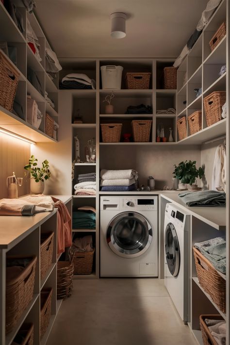 Organized laundry room with shelves, baskets, washing machine, and dryer. Organized Laundry Room Ideas, Room Decor To Make, Practical Laundry Room, Organized Laundry Room, Organized Laundry, Flooring Options Durable, Magnetic Paint, Wall Mounted Drying Rack, Compact Laundry