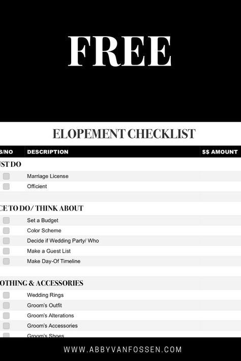 Free Elopement / Small Wedding Checklist! Printable checklist to help you plan your elopement or small wedding from your top to-do items, to ceremony, reception, honeymoon, and everything in between! #eloping #letselope #elopementplanner #elopementchecklist #elopementplanningchecklist #printableplanner #elopementideas Small Wedding Checklist, Honeymoon Planning Checklist, Complete Wedding Checklist, Wedding Checklist Printable, Wedding Checklist Budget, Planning A Small Wedding, Honeymoon Locations, Checklist Printable, How To Elope