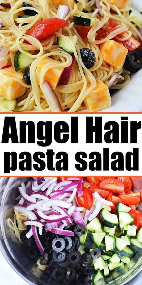 This 4-ingredient angel hair pasta salad makes a refreshing summer side dish or light lunch. Served cold, it's great to make ahead for a summer party or potluck. Make meal planning throughout the week a breeze with this quick and easy pasta salad recipe. Made with simple ingredients like Italian dressing, grape tomatoes, sliced cucumber, olives, red onions, cubed cheese, poppy seeds, and bell peppers it’s loaded with flavor and takes less than 15 minutes to make! Angel Hair Pasta Salad Recipes Cold, Italian Angel Hair Pasta Recipes, Angel Hair Pasta Salad Cold, Angel Hair Pasta Salad Recipes, Leftover Angel Hair Pasta Recipes, Angel Hair Pasta Salad, Quick And Easy Pasta Salad, Angel Hair Pasta Recipes, Beef Recipe Instant Pot