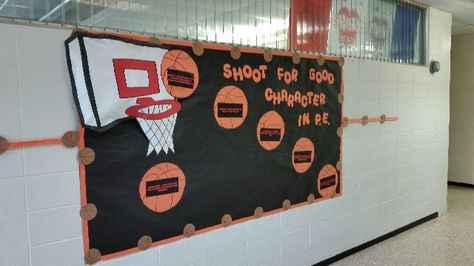 Shoot For Good Character In P.E. Bulletin board Pe Classroom, Physical Education Bulletin Boards, Pe Bulletin Boards, College Bulletin Boards, Teaching Portfolio, Elementary Pe, Pe Ideas, Health And Physical Education, Pe Games