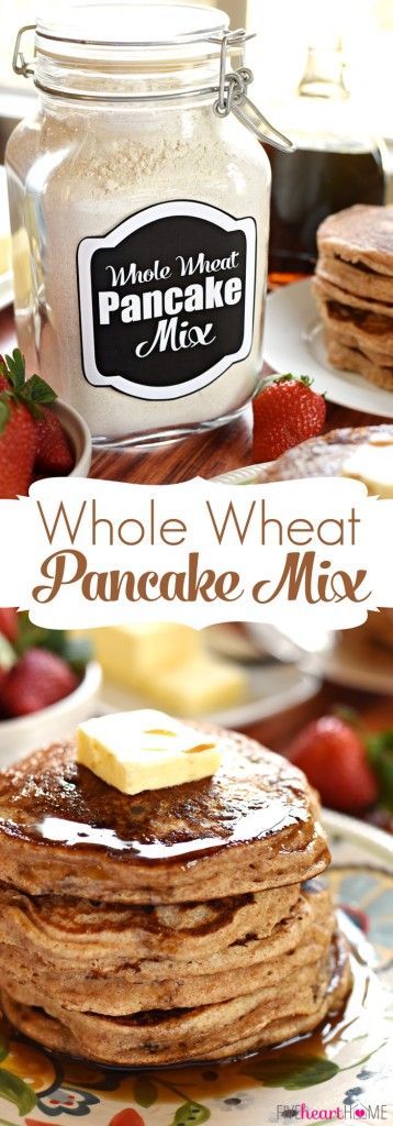 Whole Wheat Pancake Mix ~ keep a jar of this all-natural homemade mix in your pantry for a quick and easy breakfast of fluffy, 100% whole wheat buttermilk pancakes! | FiveHeartHome.com Pancake Mix Recipe, Mix In A Jar, Whole Wheat Pancakes, Wheat Pancakes, Wheat Recipes, What's For Breakfast, Buttermilk Pancakes, Pancake Mix, Quick And Easy Breakfast