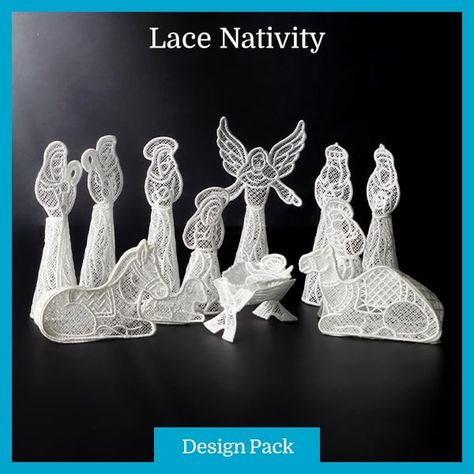 3D Nativity Set (Lace) | Machine Embroidery Designs | Embroidery Library Embroidery Nativity, Fsl Embroidery Designs, Fsl Embroidery, Glue Craft, Freestanding Lace Embroidery, Free Standing Lace, Lace Designs, Nativity Ornaments, Holiday Flower