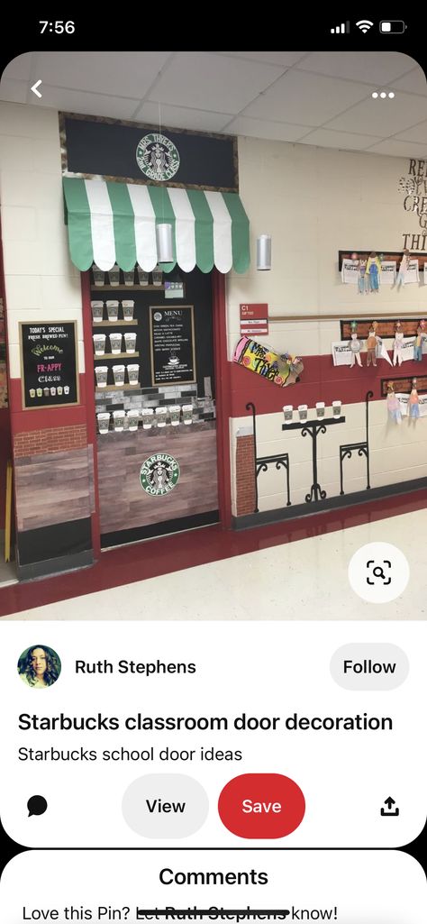 Cardboard Coffee Shop, Classroom Cafe Theme, Starbuck Mode Classroom, Poetry Cafe Classroom, Cafe Themed Classroom, Coffeehouse Classroom Theme, Coffee Themed Classroom Bulletin Boards, Starbooks Cafe Classroom Transformation, Coffee Shop Classroom Theme