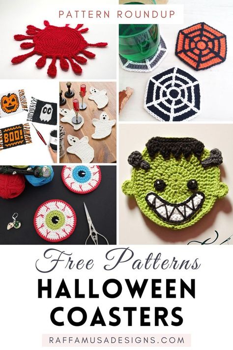 a collage of pictures showing different crocheted Halloween coasters Free Crochet Halloween, Crochet Halloween Patterns Free, Crochet Halloween Decorations, Halloween Coasters, Coaster Patterns, Crochet Coasters Free Pattern, Fall Crochet Patterns, Mug Rug Patterns, Crochet Halloween