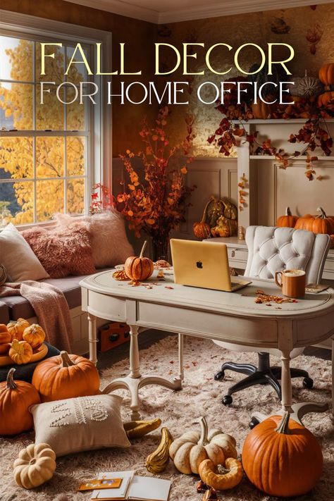 Stay ahead of the curve with fall trends in home office decor. Incorporate the latest autumn colors, cozy textures, and rustic accents to create a stylish and productive workspace. Perfect for those looking for contemporary fall decor ideas. #falltrends #homeoffice #autumnhomedecor #falldecor #cozyfalldecor #fallhomedecorideas #decoration #homeofficeideas #fallroomdecor #fallhomeoffice Fall Decor For Office Lobby, Office Autumn Decor, Desk Fall Decor Office, Fall Office Decorations Desks, Autumn Office Decor Cubicle, Fall Office Decor, Productive Workspace, In Home Office, Fall Family Fun