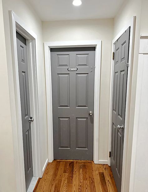 Painting Interior Doors Gray, Door Colors Inside House, Best Color To Paint Interior Doors, Paint Hallway Doors, Door Paint Colors Interior, Interior Doors Colors Ideas, Colored Doors On Houses, Interior Door Painting Ideas, Grey Doors Interior Modern