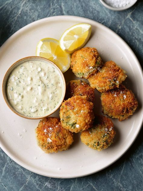 Fishcake recipes Prawn Cakes, Dill Mayo, Tartare Sauce, Celebrity Chef Recipes, Tapas Recipes, Prawn Recipes, Delicious Magazine, Fish Cake, Portuguese Recipes