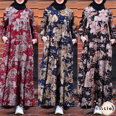 ZANZEA Women Floral Printed Autumn Muslim Kaftan Abaya Long Dress Bohemian Kaftan Baggy Maxi Dress Dubai Islam Flota Hijab Vintage, Muslim Dress Abaya, Dubai Abaya, Mode Abaya, Muslim Dress, Maxi Robes, Vestidos Vintage, Necklines For Dresses, Cotton Pullover