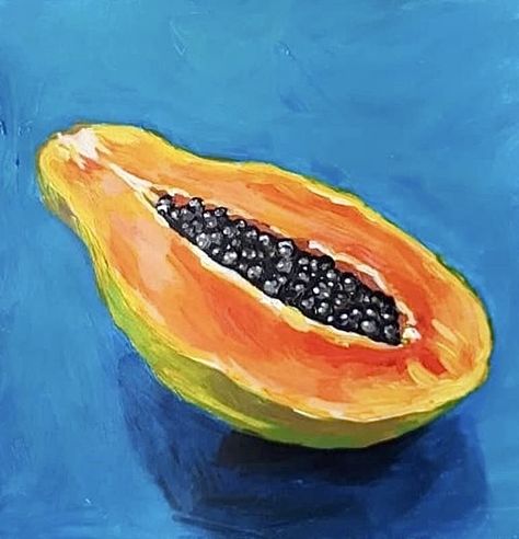 Papaya Painting Acrylic, Papaya Painting, Pawpaw Fruit, Food Paintings, Papaya Art, Food Art Painting, Oil Painting Gallery, Papaya Fruit, Blue Fruit