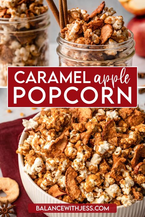 Homemade Caramel Apple Popcorn makes the best gift! Freshly popped popcorn and crispy apple chips are glazed in an easy caramel sauce and covered in cinnamon for the perfect fall treat. It's a fusion of your two favorite desserts and loved by both kids and adults! Gluten free, vegetarian. Homemade Caramel Apple, Caramel Apple Popcorn, Autumn Sweets, Desserts Caramel, Easy Caramel Sauce, Xmas Sweets, Apple Popcorn, Caramel Apples Homemade, Cozy Fall Recipes