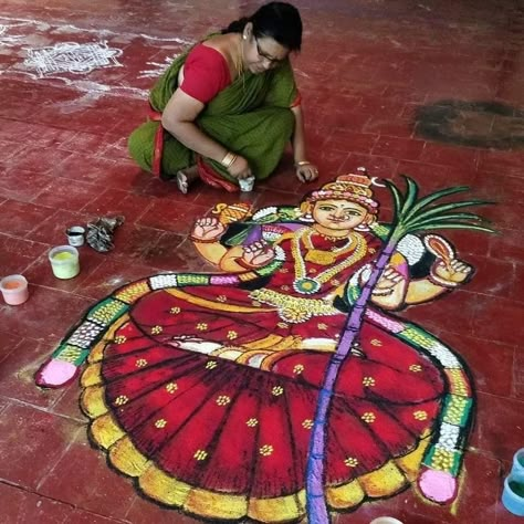 Rangoli For Pongal, Devi Rangoli, Pongal Rangoli Design, Gods Drawing, Kamakshi Amman, Rangoli Competition, Cartoons Rangoli Design, Cartoons Rangoli, Arti Thali Decoration