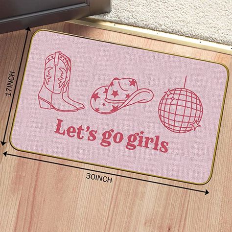 Cowgirl Bathroom Ideas, Disco Cowgirl Bathroom, Welcome Mat Aesthetic, Disco Cowgirl Apartment Decor, Pink Western Bathroom, Pink Cowgirl Room Aesthetic, Pink Western Bathroom Decor, Cosmic Cowgirl Decor, Door Mat Pink