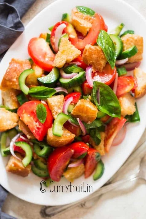 Panzanella salad on plate Cherry Tomatoes Salad, Side Dishes For Beef, Crab Louie Salad, Italian Bread Salad, Crab Louie, Tuscan Bread, Panzanella Salad Recipe, Tomatoes Salad, Easter Brunch Recipes