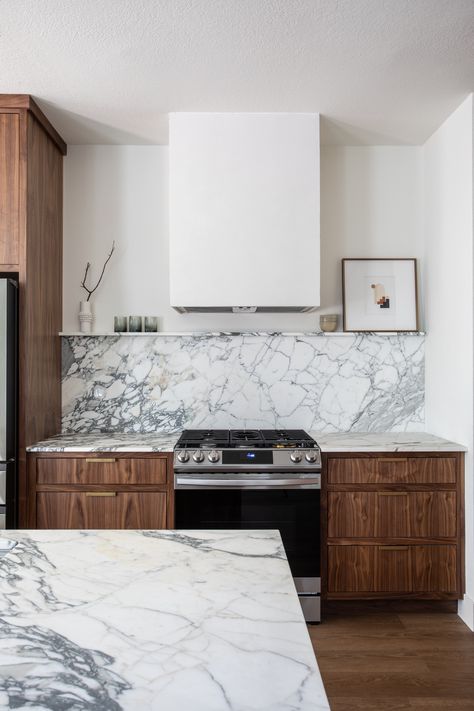 Kitchen Slab Shelf, Marble Countertops Stove Hood With Shelf, Plaster Hood With Floating Shelves, Marble Kitchen Hood, Built In Oven Hood, Custom Range Hood With Open Shelving, Range Hood Shelf, Tiled Hood Vent, Drywall Range Hood Open Shelves, Marble Shelf Under Range Hood