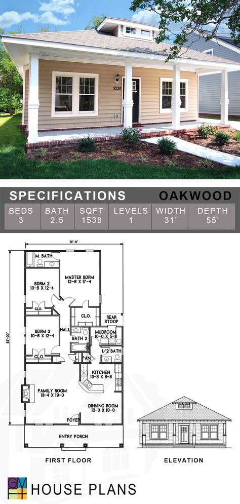 The Oakwood model house is Craftsman style single-story plan. It is laid out to provide an open living lifestyle with three bedrooms positioned in the rear half of a narrow profile. It is a favorite of builders for its simple construction details. Attaching a garage to this home plan is a simple addition; however, it is designed to have a detached garage behind the house. Tell us what changes you would like to see for your own personal Oakwood variation. Craftsman Lake House, Narrow House Plans, Narrow Lot House, Narrow Lot House Plans, Little House Plans, Duplex House Plans, Lake House Plans, Narrow House, Craftsman Style Homes