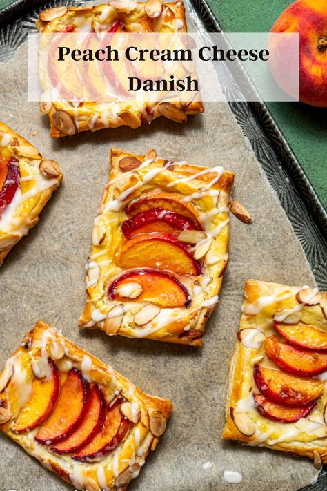 Peach Baking Recipes, Peach Danish Recipe, Danish Ideas Puff Pastries, Peach Cream Cheese Dessert, Peach Pastry Recipes, Peach Upside Down Puff Pastry, Cream Cheese Danish Filling Recipe, Peach Puff Pastry Bake, Peach Cream Cheese Danish