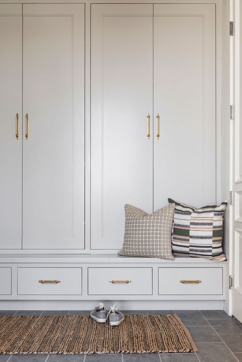 11 Beautiful + Functional Mudrooms - Studio McGee Mudroom White Cabinets, White Mudroom Lockers, Front Entry Built In Storage, Built In Entry Cabinet, White Mudroom Cabinets, Small Mudroom Layout, Drop Zone Built Ins, Mudroom Locker Organization, Hallway Storage Cabinet Built Ins