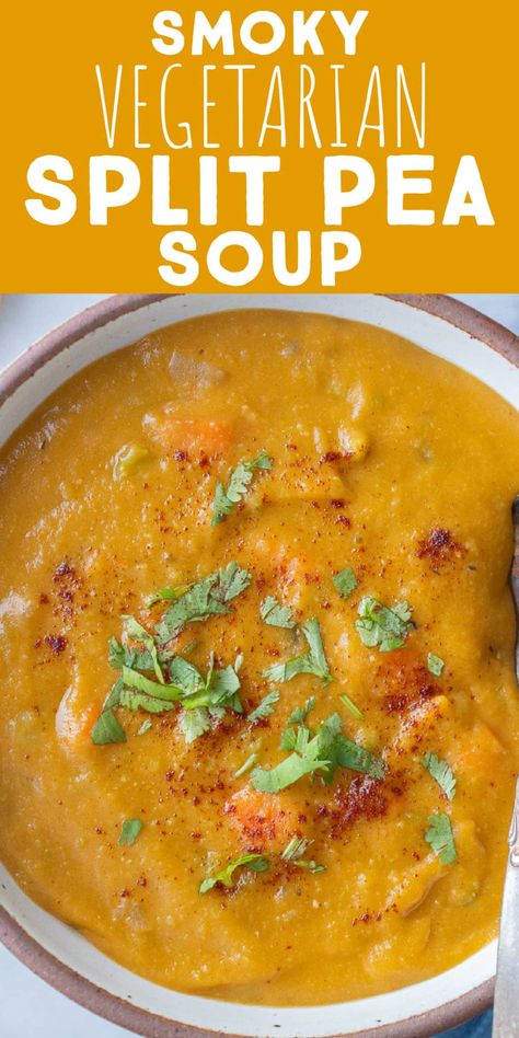 This Vegetarian Split Pea Soup is packed with tons of flavor and gets its smokiness from the smoked paprika. This plant based soup is hearty, filling and perfect for a cold winter day. Aside from split peas, it is also filled with carrots, celery, onion and potatoes. Enjoy for lunch or dinner and serve with bread and salad, if desired. #splitpeasoup #vegetarianrecipe #veganfood #easylunch #onepotmeal #heartysoup Vegetarian Split Pea Soup Slow Cooker, Split Pea Potato Soup, Vegan Pea Soup Recipe, Vegetarian Split Pea Soup Stove Top, Split Pea Soup Recipe Vegetarian, Split Pea Soup Vegetarian, Split Pea Recipes, Quick Potato Soup, Split Pea Soup Slow Cooker