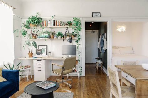 A 380-Square-Foot Studio Apartment Reimagined a Closet into a Bed Nook to Make Room for a WFH Spot Tiny Luxury, Sleeping Nook, Bed Nook, Bedroom Nook, Small Studio Apartment, Apartment Tour, Platform Bed With Storage, Studio Apartments, Bed In Closet