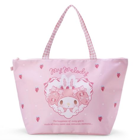 Sanrio My Melody Bunny Tote Bag New With Tag Color Pink White Yellow And Green My Melody Is Wearing Bunny Ears With Bows And Strawberries On Her Head This Cute Tote Bag Is Great For A Weekend Trip Or Carry On There Is A Place On One Side To Either Hang Your Favorite Keychain Or Mascot Handle Has A Cute Gingham Print Zipper Closure Front Says "The Happiness Of Every Girl Is Made Of Many Sweet And Romantic Moments" Back Says "A Loving Smile A Friendly Melody" Japan Exclusive Limited Edition Approx Cute Pink Tote Bag, Kawaii Wardrobe, Serba Pink, Homescreen Widgets, Sanrio Bag, Pink Bags, 2024 Wishlist, Sanrio My Melody, Neck Pillow Travel