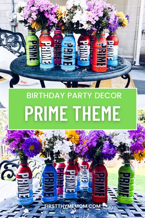 Image of PRIME hydration beverage party decor. The empty PRIME bottles are used as vases for an outdoor kids birthday party. Prime Theme Birthday Party, Prime Party Ideas, Prime Drink Birthday Cake, Prime Hydration Birthday Party, Prime Birthday Party Theme, Boys 10th Birthday Party Ideas, Prime Birthday Party, Prime Birthday Cake, Prime Cake