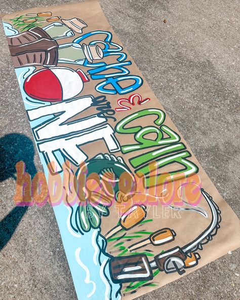 This fishing theme has become a favorite for little boy birthdays & baby showers! So! cuteeeee! #handpainteddecor #FishingBirthday #FishingParty #birthdaypartydecor #handpainted #fishingtheme #paintedbanner Ofishally One Birthday Banner, Fishing Birthday Banner, Fishing Booth, Painted Banners, Fishing Theme Birthday, Fishing Theme Party, Fishing Themed Birthday Party, Bait Shop, Fishing Birthday Party