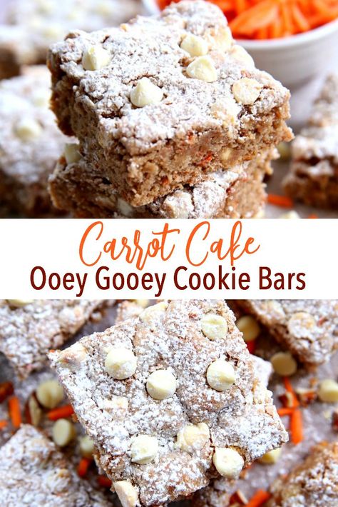 Craving Carrot Cake? Then you are going to LOVE these easy Carrot Cake Ooey Gooey Cookie Bars. It's the perfect combination of cake and cookie! This is definitely a fabulous recipe to make on Easter or any day of the year. Gooey Cookie Bars, Yummy Easter Desserts, Easy Carrot Cake, Carrot Cake Cookies, Gooey Cookies, Boxed Cake, Easter Desserts Recipes, Slow Cooker Desserts, Dessert Aux Fruits