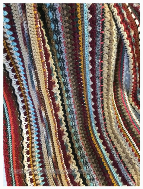 Crochet Mixed Stitch Blanket, Scrap Afghan, Afghan Borders Crochet Ideas, Scrap Afghan Crochet Patterns Free, Crochet Sampler Blanket, Scrap Crochet, Striped Crochet Blanket, Crochet Ripple Blanket, Scrap Yarn Crochet