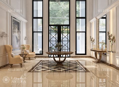 Lobby Interior Design Entrance, House Lobby Interior Design, Villa Entrance Interior Design, Villa Entrance Interior, Foyer Design Ideas, Foyer Wall Decor, Villa Entrance, Luxury Houses Entrance, Neoclassical Interior Design