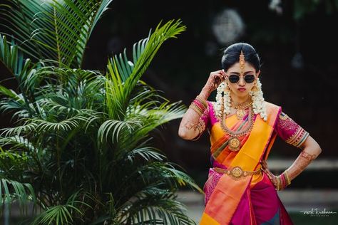 A Colourful Bangalore Wedding With The Bride In A Multi-Hued Silk Saree Bride Pics, Desi Jewellery, Bangalore Wedding, Nature Drawings, Indian Bride Poses, Half Saree Function, Indian Bride Photography Poses, Bride Photos Poses, Saree Wearing