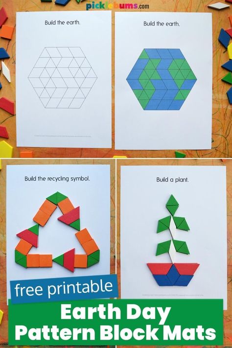 Earth Day Pattern Block Mats - Free Printable   These free printable Earth Day pattern block mats are a fun, hands-on, maths and fine motor activity that kids will love!  These three Earth Day pattern block templates are ready to print and make a great quick and easy Earth Day activity for preschoolers and kindergarten kids. Reduce Reuse Recycle Activities, Earth Day Preschool Activities, Pattern Block Printables, Pattern Block Mats, Earth Day Pictures, Earth Day Images, Pattern Block Templates, Earth Day Activity, Recycling Activities