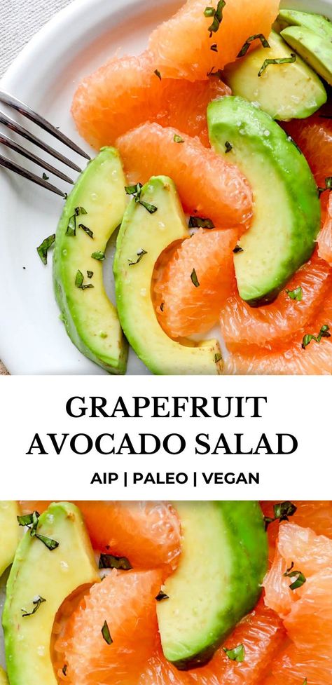 This AIP/Paleo Avocado Grapefruit Salad is refreshingly light and delicious. The acidity of ruby red grapefruits pairs perfectly with the creaminess of the avocado, and fresh basil adds a wonderful, bright kick. #aiprecipes #autoimmunepaleo #aippaleo #vegan #avocado #aipdiet #whole30 #autoimmuneprotocol #autoimmunedisease #paleo #nutrientdense #aipsalads #holiday #healmedelicious⁣⁣ Aip Salads, Avocado Brunch, Aip Protocol, Grapefruit Recipes, Grapefruit Salad, Vegan Paleo Recipes, Paleo Salads, Avocado Salad Recipes, Aip Paleo