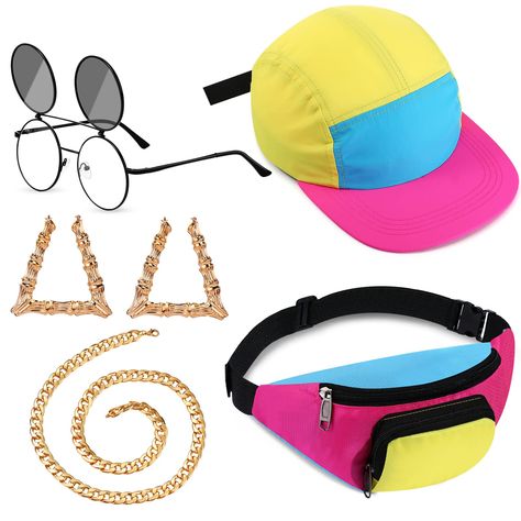 PRICES MAY VARY. Retro Rapper Accessories set: our package includes 1 piece of fanny pack, 1 piece of neon hat, 1 piece of round flip up sunglasses, 1 piece gold chain and 1 pair of earrings, can be applied for 90s Hip Hop party wear decorations, stylish styles to meet your 80s, 90s theme party costumes matching needs Neon Hat: the neon hat is adjustable, so you can adjust the cap to fit your head well, the tennis hat is made of quality nylon and oxford cloth, lightweight and portable, breathabl 90s Hip Hop Party, Tennis Hat, 90s Gift, 90s Accessories, Neon Accessories, Hip Hop Accessories, Hip Hop Costumes, Flip Up Sunglasses, Knit Boot Socks