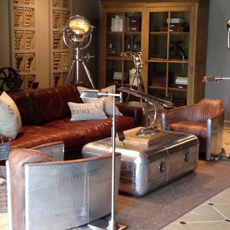 Aviator living room...my basement one day Aviation Living Room Decor, Aviator Decor Interior Design, Pilot Lounge, Aviator Furniture, Aviation Office, Aviation Room, Ultra Modern Furniture, Dark Academia Room Decor, Aviation Furniture