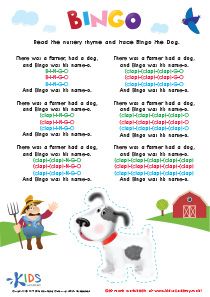 Bingo Song - Nursery Rhymes for Preschoolers #kids #preschool #kindergarten #kindergartenworksheets #preschoolworksheets #worksheets #printables #lettering #learning #tracing #tracingworksheets #handwriting #writing #coloring #subtraction #balancing #art #counting #practice #basic #academy #delight #cardinals #directions #festive #bring #drawings #shapes #grocery #store Rhymes For Preschoolers, Bingo Song, Free Nursery Rhymes, Counting Practice, Down Song, Kindergarten Worksheets Printable, Free Printable Wall Art, Word Recognition, Free Printable Worksheets