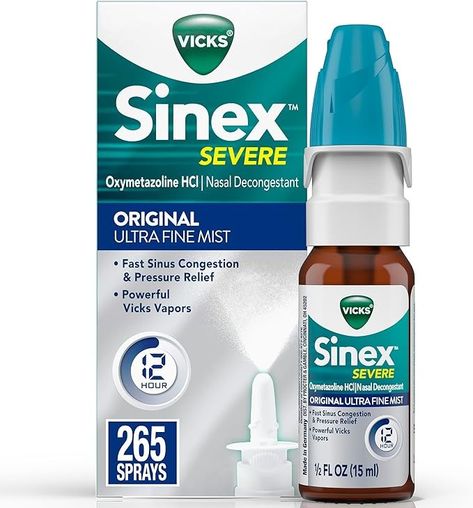 Amazon.com: Vicks Sinex SEVERE Nasal Spray, Original Ultra Fine Mist, Decongestant Medicine, Relief from Stuffy Nose due to Cold or Allergy, & Nasal Congestion, Sinus Pressure Relief, 265 Sprays : Health & Household Sinus Pressure Relief, Sinus Congestion Relief, Vicks Vapor, Nasal Decongestant, Medical Packaging, Cold Or Allergies, Retro Packaging, Cold And Cough Remedies, Sick Remedies