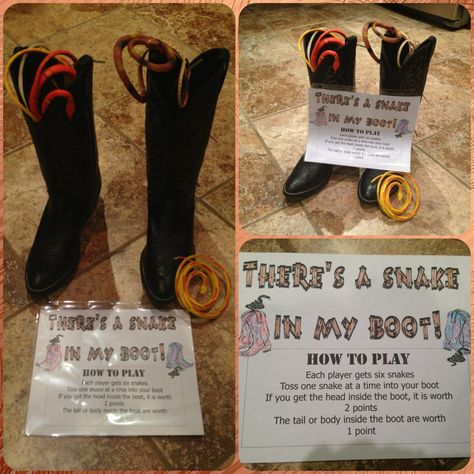 Game for cowboy party Set large size boots a few paces(increase distance for adults) in front of players and toss fake snakes(from dollar store) and try to get them into the boot. If the boots won't hold a good open shape slip a plastic cup into the boot. Great game for inside or out.  Variations can be to play with the boots up against a wall(easy) or a few inches from a wall.  I got the old large boots from a thrift store. Cowboy Theme Party Games, Ffa Games, Ag Olympics, Pto Activities, Cowboy Vbs, Cowboy Party Games, Western Party Games, Employee Events, Rodeo Games