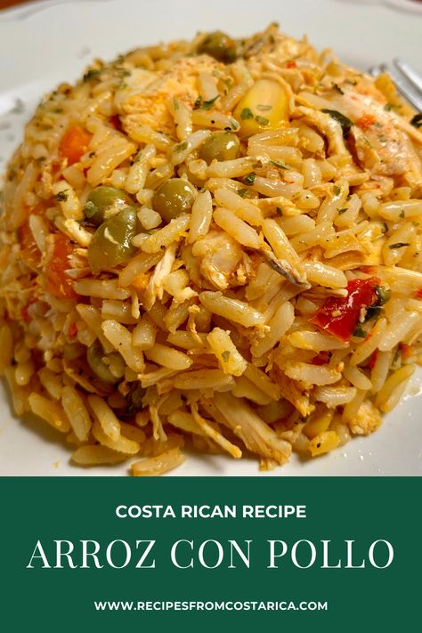 Arroz con pollo is one of the most popular and traditional Costa Rican dishes, It is the official dish in any social event for example at birthday parties. Maybe because it is so simple to make and you can make it in advance so it is conveniently ready when your guest arrive. Cancun Chicken Recipe, Costa Rican Chicken And Rice, Authentic Costa Rican Recipes, Costa Rica Food Dishes, Costa Rican Dishes, Costa Rican Recipes Traditional, Costa Rican Food Recipes, Costa Rica Food Recipes, Costa Rican Chicken