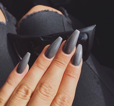 Grey Coffin Nails                                                                                                                                                                                 More Acrylic Nails Coffin Grey, Slate Nails, Dark Grey Nails, Grey Acrylic Nails, Nails Opi, Her Nails, Gray Nails, Ballerina Nails, Acrylic Nails Coffin Short