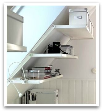 Attic Bedroom Closets, Attic Storage Solutions, Ikea Interior, Cheap Office Furniture, Slanted Walls, Color Furniture, Ikea Closet, Slanted Ceiling, Shelving Solutions