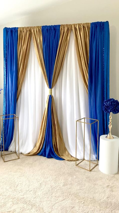 Royal Blue And Gold Backdrop, Royal Blue Wedding Backdrop, Blue And Gold Backdrop, Blue Wedding Backdrop, Royal Blue Theme, Royal Blue Backdrop, Baby Shower Wall Decor, Draping Ideas, Blue Party Decorations